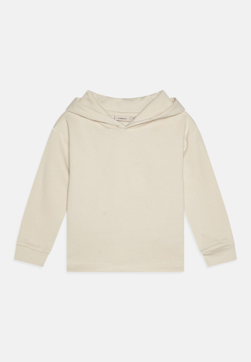 Tejfehér kapucnis pulóver, puha, rugalmas anyagból készült. Lazán illeszkedő fazon, húzózsinóros kapucnival és bordázott mandzsettákkal rendelkezik.