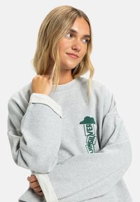 Sweatshirt gris clair avec des manches larges, présentant un design graphique vert et des poignets contrastants blanc cassé. Texture de tissu douce.