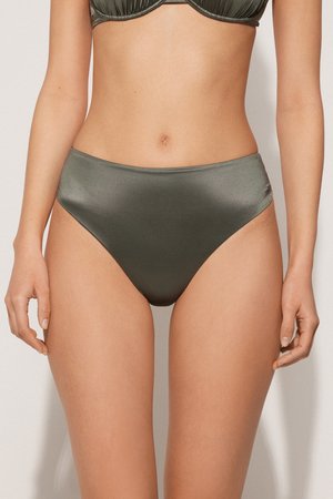 Bas de bikini taille haute en vert olive foncé, fabriqué à partir d'un tissu lisse et brillant. Dispose d'une ceinture sans couture et d'un design offrant une couverture intégrale.