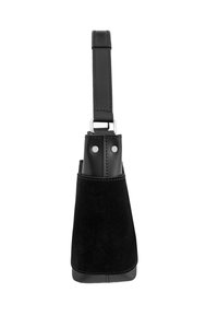 Black handbag with a textured suede body and smooth leather accents, featuring a sturdy strap and silver hardware detailing.