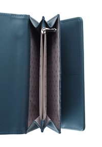 Teal leather wallet with a zipper compartment, multiple card slots, and a smooth interior featuring a subtle dotted pattern.