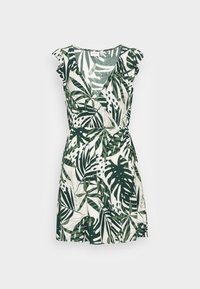 Robe légère avec un motif de feuilles tropicales vertes sur fond crème, dotée d'un col en V, de manches courtes volantes et d'une taille élastique.