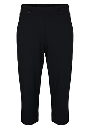 Pantalones cortos negros confeccionados en una tela suave, con una cintura elástica y dos detalles de botón en la parte frontal para un ajuste seguro.