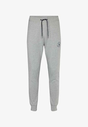 Light gray sweatpants with black drawstring, elastic cuffs, and small circular logo on upper thigh.