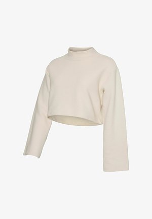Top à col roulé court en beige clair avec texture côtelée, doté de manches longues et d'une coupe décontractée. Fabriqué dans un tissu doux.