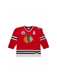 Red hockey jersey with black and white stripes, a Native American head logo, "A" on chest, and Stanley Cup patch on upper left side.
