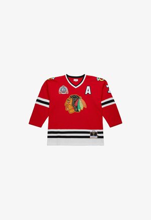 Red hockey jersey with black and white stripes, a Native American head logo, "A" on chest, and Stanley Cup patch on upper left side.