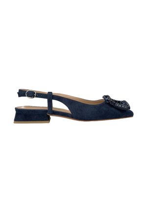 Scarpa slingback in suede blu navy con tacco basso a blocco, punta affusolata e decorazione di perline sul davanti. Design con tagli laterali.