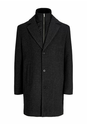 Tumesinine villasegukattega mantel mitte nurga kaelusega, kahe nupu ja kolme taskuga. Sisaldab lisaks soojustamiseks musta lukuga sisekihti.