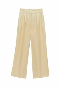 Pantalons larges beiges en tissu lisse, dotés d'une taille haute et de plis sur le devant, conçus pour une coupe décontractée.