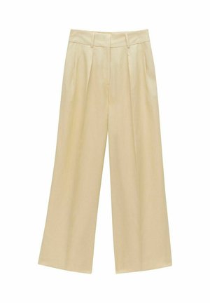 Beige wijde pantalon gemaakt van een zachte stof, met een hoge taille en voorplooien, ontworpen voor een casual pasvorm.