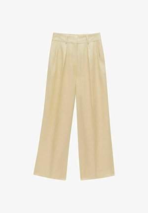 Beige bredde-bukser lavet af glat stof, med høj talje og frontfolder, designet til en afslappet pasform.