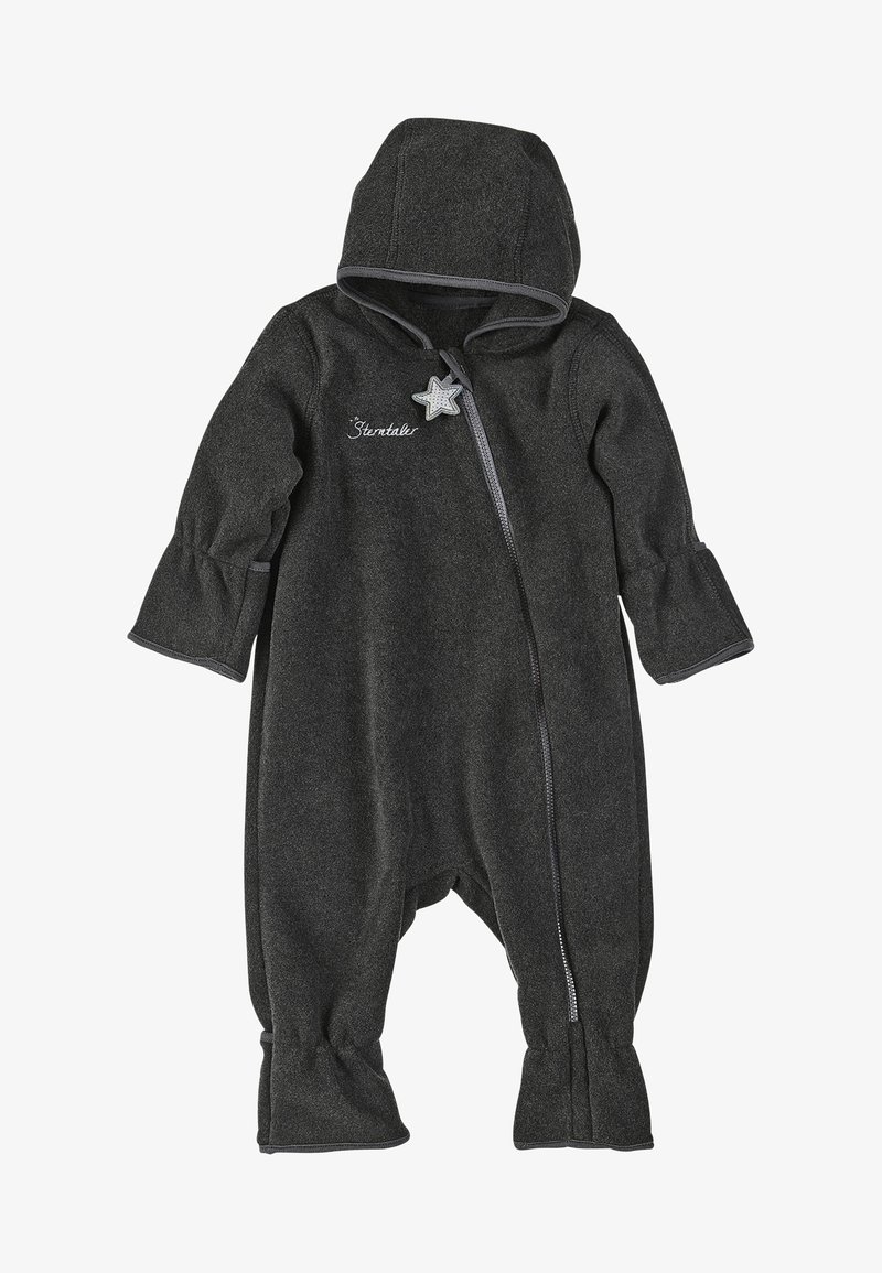 Grauer Fleece-Baby-Overall mit Kapuze, Frontreißverschluss und sternförmiger Verzierung. Verfügt über elastische Bündchen für eine perfekte Passform.
