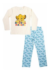 Camicia bianca a maniche lunghe con una grafica di Simba e il testo "Hakuna Matata". Pantaloni del pigiama blu con motivi ripetuti di volti di Simba blu.