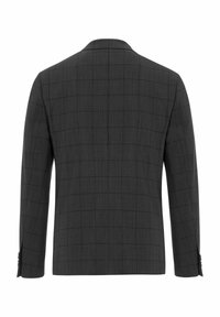 Donkergrijze blazer met een subtiele ruitpatroon, gestructureerde schouders en een getailleerde pasvorm. Inclusief dubbele achterventilatie en knoopmanchetten.