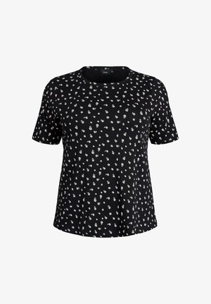 Juoda trumpomis rankovėmis palaidinė su mažais baltais gėlių raštais ir apvalia iškirpte, dydis pažymėtas kaip vidutinis.