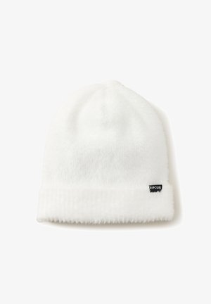 Gorro blanco de tejido suave y esponjoso. Presenta un puño acanalado y una pequeña etiqueta negra con el logo "Rip Curl" en el lateral.