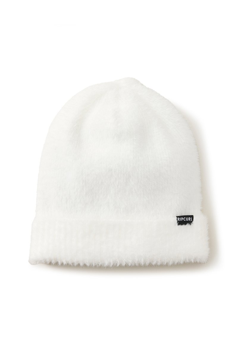 White beanie hat made of soft, fluffy material. Features a ribbed cuff and a small black "Rip Curl" logo tag on the side.