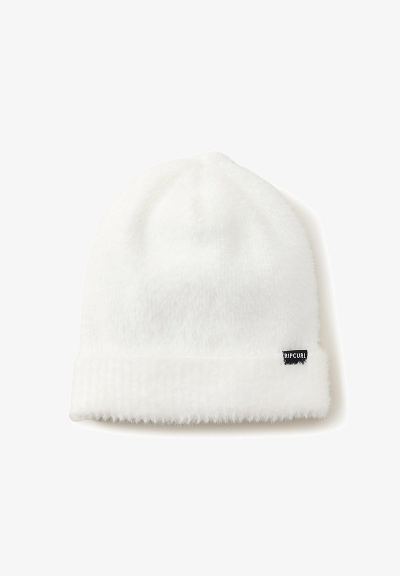 White beanie hat made of soft, fluffy material. Features a ribbed cuff and a small black "Rip Curl" logo tag on the side.