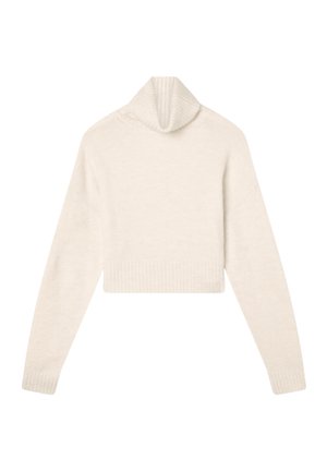 Maglione cropped in morbido materiale off-white con colletto a rovescio a coste, maniche lunghe e orlo a coste, caratterizzato da una texture liscia.