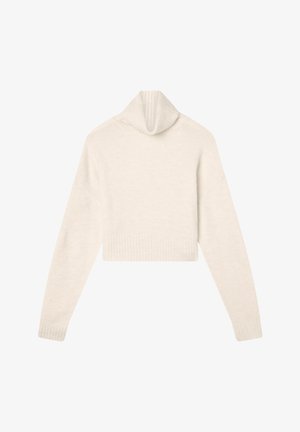 Maglione cropped in morbido materiale off-white con colletto a rovescio a coste, maniche lunghe e orlo a coste, caratterizzato da una texture liscia.
