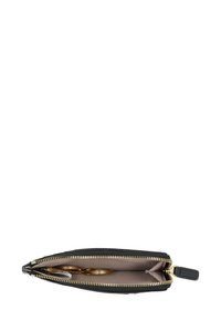 Black zippered wallet with gold-tone hardware, featuring a smooth outer texture, leather pull tab, and a lined interior for organization.