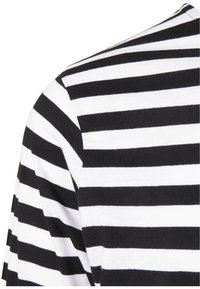 Camicia a maniche corte a righe bianche e nere, realizzata in cotone, con scollatura a girocollo e texture liscia caratterizzata da linee orizzontali equidistanti.
