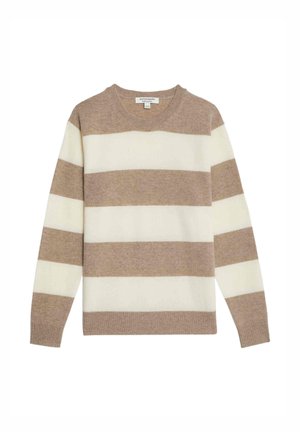 Beżowy sweter w paski w kolorze kremowym, wykonany z miękkiej wełny, z okrągłym dekoltem, długimi rękawami oraz ściągaczami przy mankietach i u dołu.