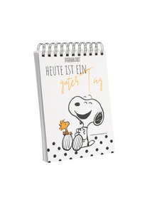 Quaderno ad anelli con copertina bianca a pois neri, un'illustrazione di Snoopy e Woodstock, e testo in tedesco in arancione e nero.