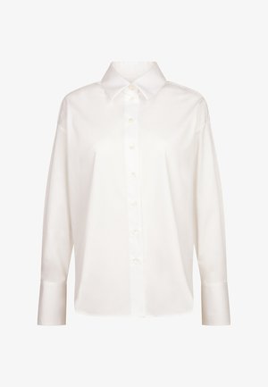 Weißes, langärmliges Hemd mit Knöpfen und klassischem Kragen. Glatte Textur und lockerer Schnitt. Frontknöpfe und sauber verarbeitete Manschetten.