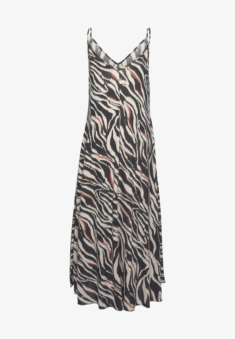 Robe sans manches avec fines bretelles présentant un motif zèbre noir, blanc et marron, avec une coupe ample et fluide.