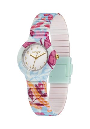 Ure med blomsterprintet stof, hvid rund urskive, gyldne timeindikatorer og en mintgrøn plastikspænde. Fleksibelt pink ribbet rem.