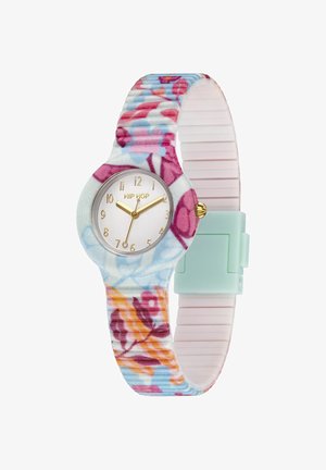 Ure med blomsterprintet stof, hvid rund urskive, gyldne timeindikatorer og en mintgrøn plastikspænde. Fleksibelt pink ribbet rem.
