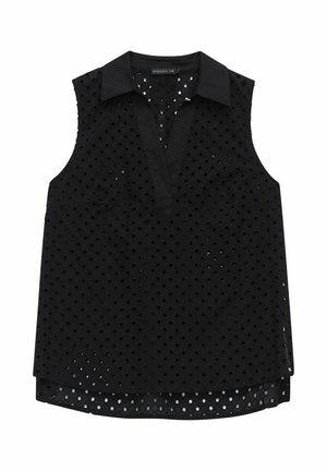 Schwarzes ärmelloses Top mit Kragen, aus strukturiertem Stoff mit runden Ausschnitten und einem leicht verlängerten hinteren Saum.