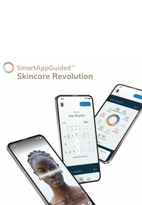 L'application SmartAppGuided sur les smartphones affiche des routines de soins de la peau, avec une interface utilisateur en bleu et blanc, présentant des graphiques et des outils d'analyse de la peau.