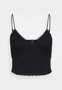 Svart blondecamisole med justerbare tynne stropper, med teksturerte mønstre og bølget kant. Semi-transparent stoff med en tettsittende design.
