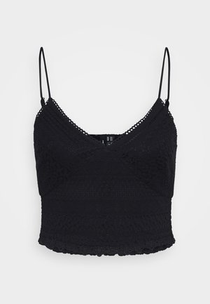 Zwarte kant camisole met verstelbare dunne bandjes, voorzien van textuurpatronen en een geschulpte zoom. Semi-doorzichtige stof met een aansluitend ontwerp.