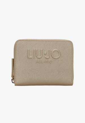 Portafoglio beige testurizzato con zip tutto intorno e logo in rilievo "LIU•JO MILANO" sul davanti.