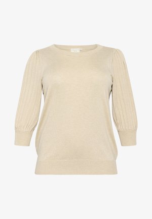 Light beige sweater with a rounded neckline, ribbed puff sleeves, and a relaxed fit. Soft texture and subtle stitching at the hem.