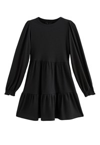 Vestido negro de manga larga en tejido texturizado, con un escote redondo y una falda de volantes con detalles fruncidos en las mangas.