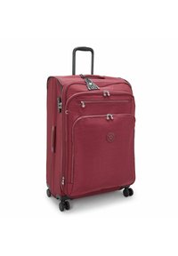 Red wheeled suitcase with a textured finish, multiple zippered pockets, a retractable handle, and a logo accent. Four spinner wheels for mobility.