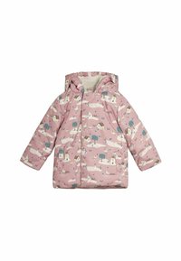 Vadderad barnjacka i rosa, med ett lekfullt tryck av hus, träd och svanar; design med huva, mjukt foder och slitstarkt material.