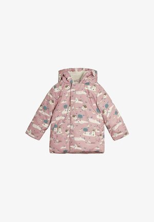 Chaqueta acolchada para niños en color rosa, con un estampado caprichoso de casas, árboles y cisnes; diseño con capucha, forro suave y tejido duradero.