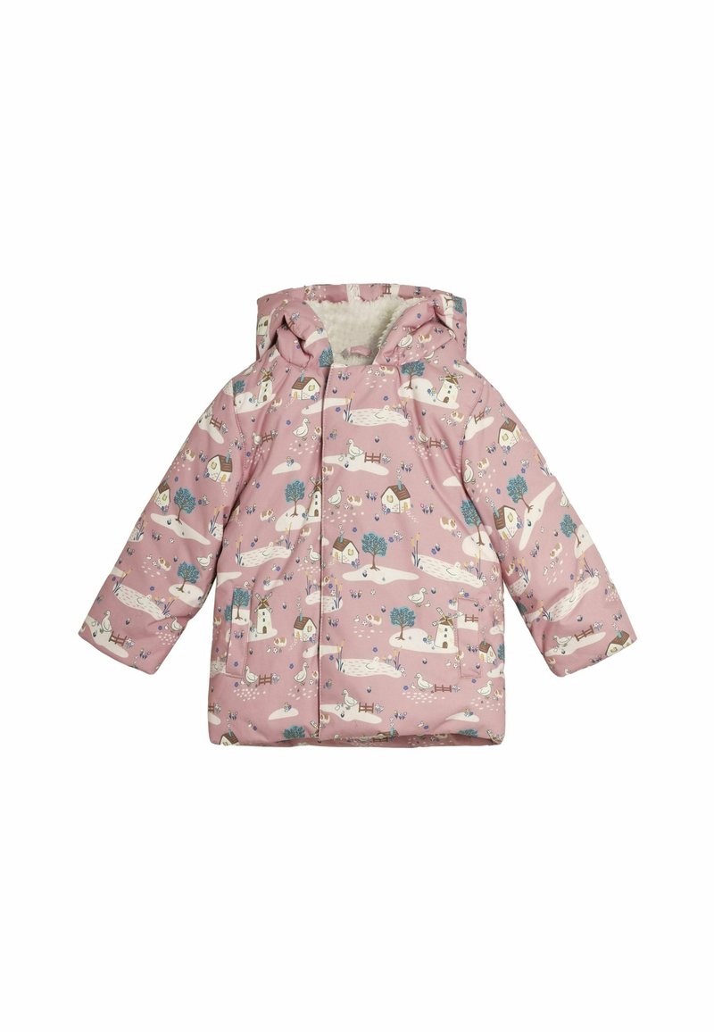 Vadderad barnjacka i rosa, med ett lekfullt tryck av hus, träd och svanar; design med huva, mjukt foder och slitstarkt material.
