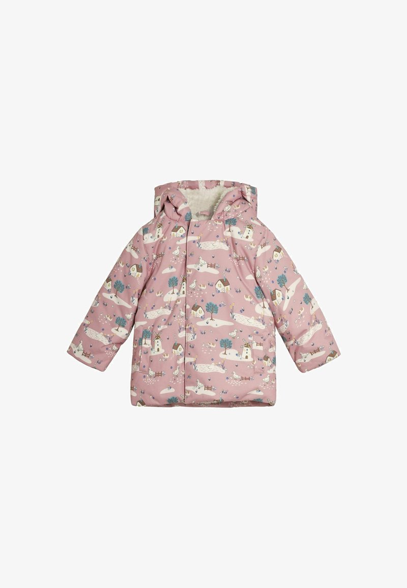 Rozā piepūšamā bērnu jaka ar jautru māju, koku un gulbju apdruku; ar kapuci, mīksta oderējuma un izturīga auduma dizains.