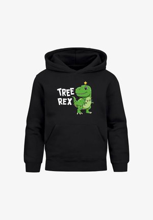 Schwarzer Hoodie mit einem Motiv eines grünen Dinosauriers, beleuchtet mit Licht, Stern und dem Text "TREE REX." Hergestellt aus weichem Stoff mit einer Fronttasche.