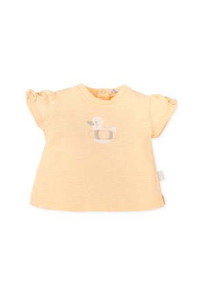 Camiseta corta de manga corta para bebé de color naranja claro con mangas anudadas y un pato de dibujos animados con un flotador bordado en el pecho.