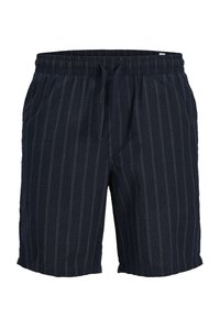Shorts de marine avec des rayures verticales blanches, en tissu léger. Dispose d'une taille élastique avec cordon de serrage et de poches latérales.