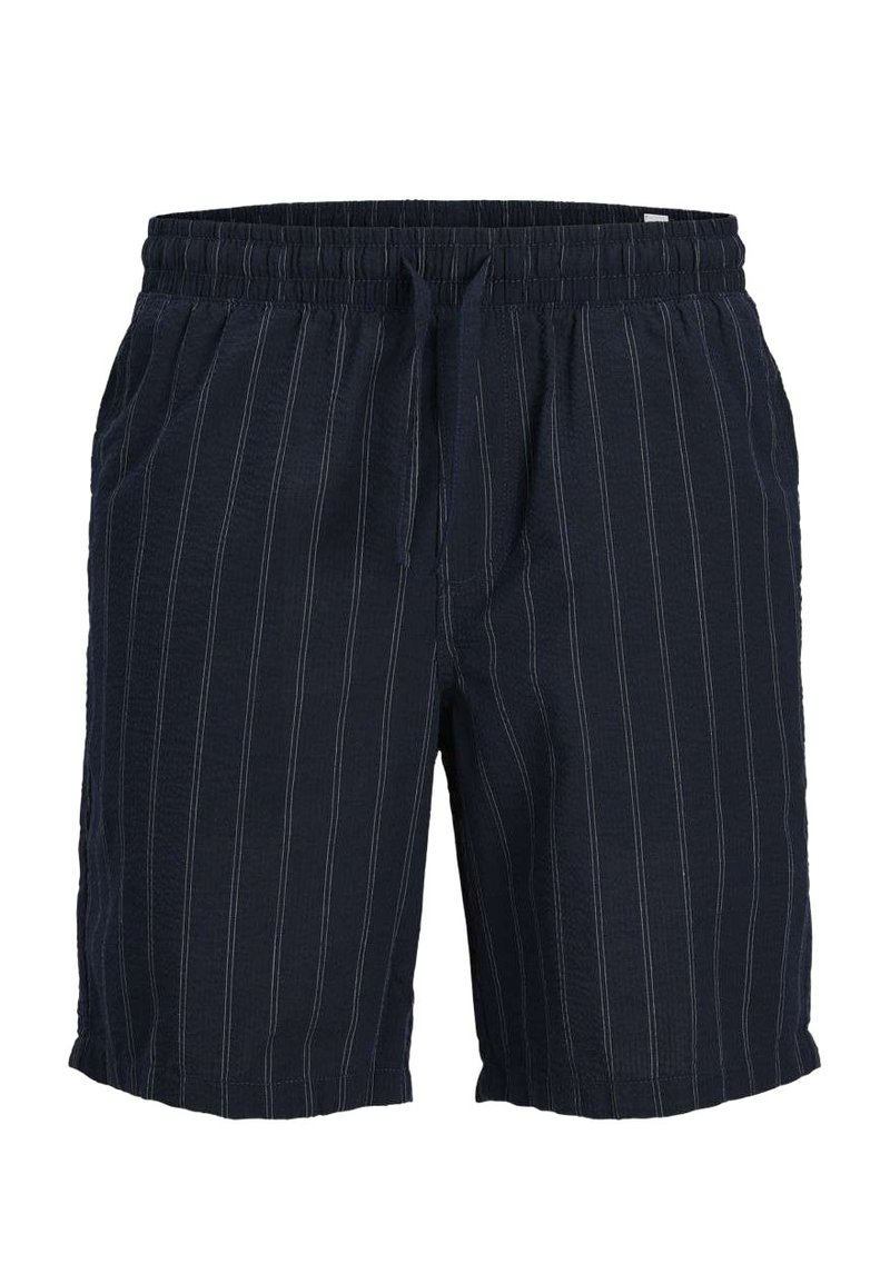 Shorts de marine avec des rayures verticales blanches, en tissu léger. Dispose d'une taille élastique avec cordon de serrage et de poches latérales.
