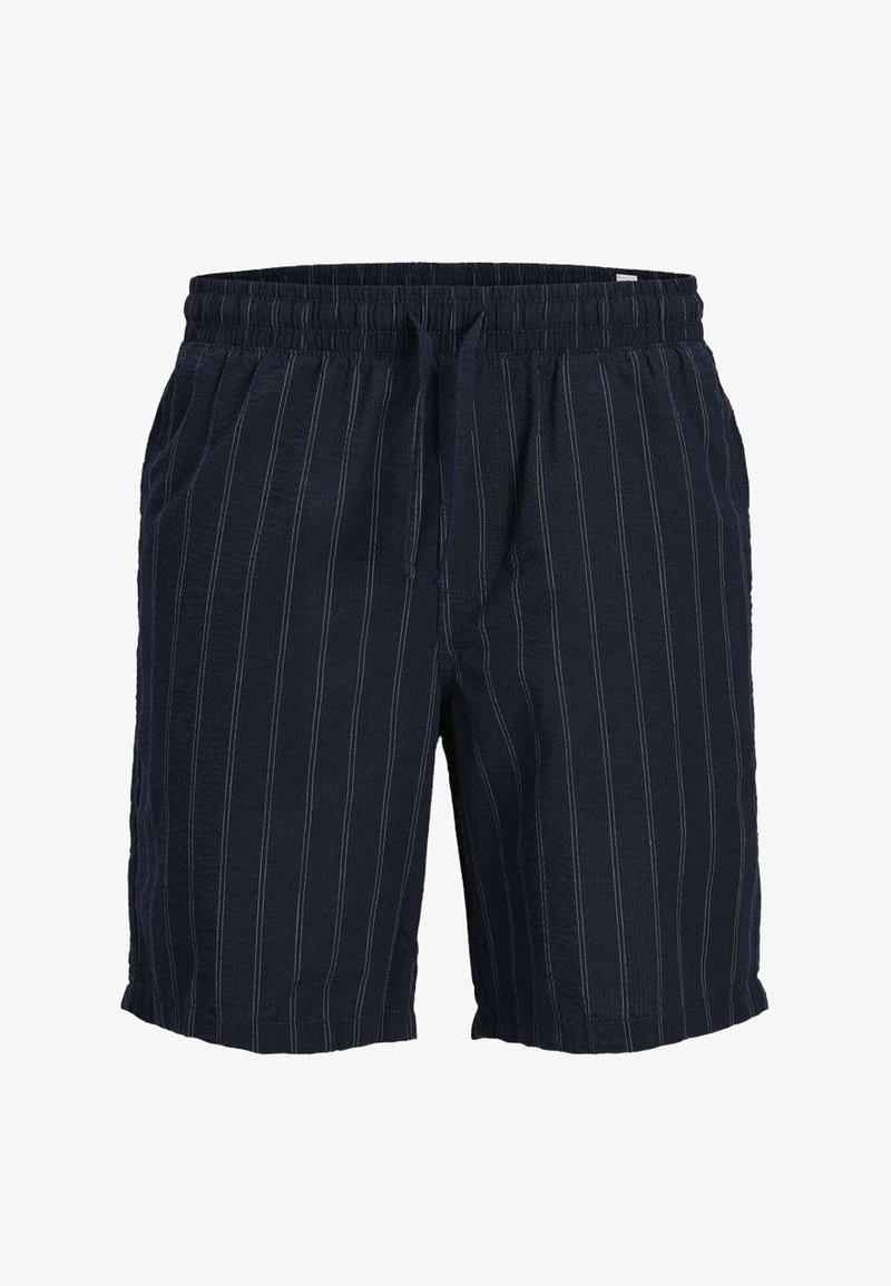 Shorts de marine avec des rayures verticales blanches, en tissu léger. Dispose d'une taille élastique avec cordon de serrage et de poches latérales.